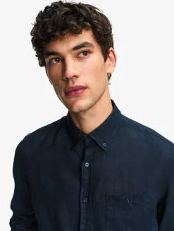 Chemise en lin à manches longues avec poche - Bleu