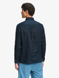Chemise en lin à manches longues avec poche - Bleu