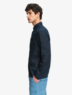 Chemise en lin à manches longues avec poche - Bleu