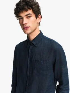 Chemise en lin à manches longues avec poche - Bleu