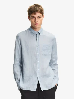Chemise en lin à manches longues avec poche - Bleu