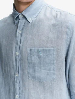 Chemise en lin à manches longues avec poche - Bleu