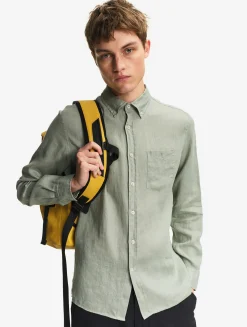 Chemise en lin à manches longues avec poche - Kaki