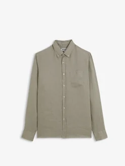 Chemise en lin à manches longues avec poche - Kaki