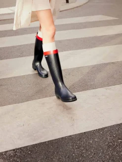 La botte de pluie haute à talon, aux détails équestres - Bleu
