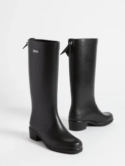 La botte de pluie haute à talon, aux détails équestres - Noir