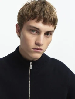 Pull à col camionneur avec demi fermeture zippée en laine mélangée - Bleu