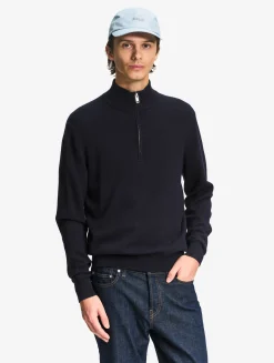 Pull en coton et laine avec demi-fermeture éclair - Bleu