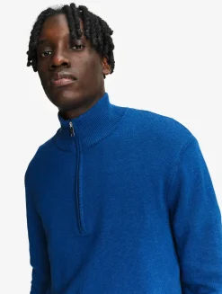Pull en coton et laine avec demi-fermeture éclair - Bleu