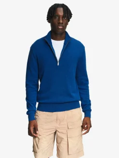 Pull en coton et laine avec demi-fermeture éclair - Bleu