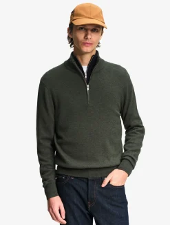 Pull en coton et laine avec demi-fermeture éclair - Kaki