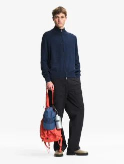 Pull en coton et laine avec fermeture éclair - Bleu