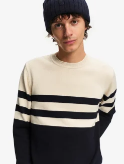Pull marin rayé en laine et coton - Bleu