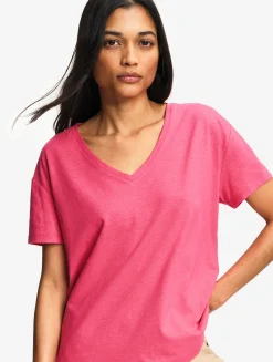 Tee-shirt à col en V en coton lin - Rose