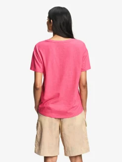 Tee-shirt à col en V en coton lin - Rose
