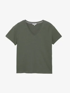 T-shirt col V en coton et lin - Kaki