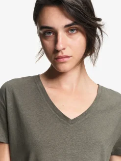 T-shirt col V en coton et lin - Kaki